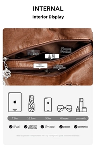 Detailed interior of a brown tote bag featuring multiple pockets and high capacity storage