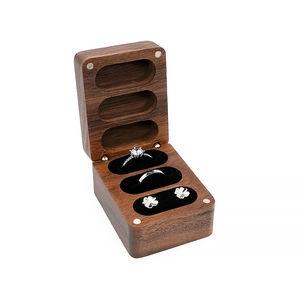 Three-slot black walnut wood wedding ring box with velvet lining and jewelry display