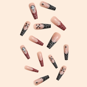 Halloween long ballerina press-on nails with skull and spider web designs