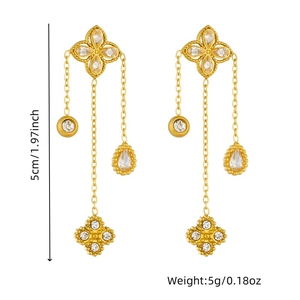 Detailed view of gold four-leaf clover tassel earrings with dimensions and weight info