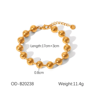 Detailed specs of golden bead bracelet showing 17cm length and 18K stainless steel logo