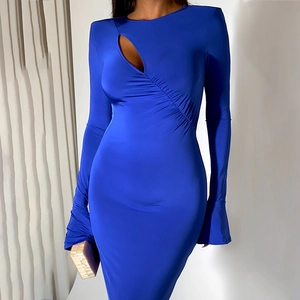Vestido Largo De Satén Sexy Para Mujer Manga Larga Acampanada Fruncido Recorte Ajustado Elegante Streetwear Color Sólido
