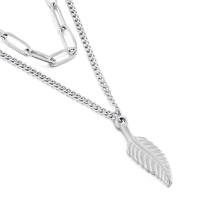 Double-layered silver wing necklace with paperclip and cuban chain in stainless steel
