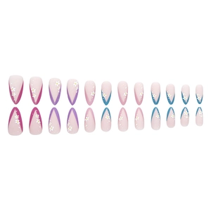 Matte almond press-on nails with colorful French tips and white daisy patterns