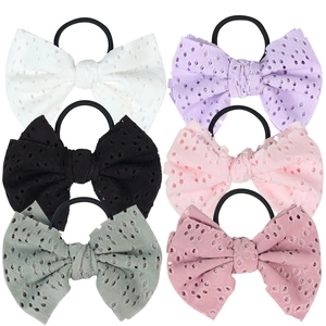 Set of 6 lace hollow bow hair ties for girls in multiple colors with black elastic bands