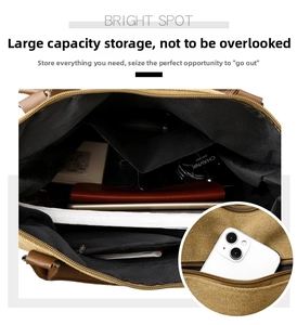 Macro view showing the large capacity interior with pockets of this brown canvas tote bag