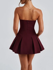 Rear view detail of burgundy strapless pleated mini dress with a hidden back zipper