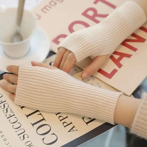 Thick beige knitted fingerless gloves for autumn and winter with touchscreen wrist warmer design
