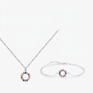 925 Sterling Silver Rainbow Circle Cubic Zirconia Necklace And Bracelet Jewelry For Women Girls Sweet Romantic Style