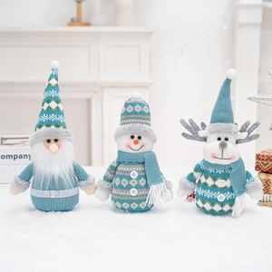 Blue knit Christmas plush set with snowman, Santa, and elk dolls for home holiday decor