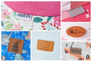 Detail shots showing diverse brand tags and logo embroidery on outdoor children sun hats