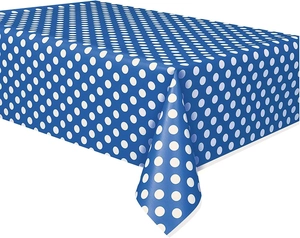 Detailed rendering of blue and white polka dot waterproof tablecloth on a rectangular table
