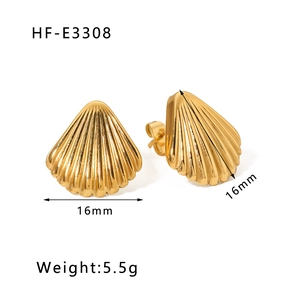 Detailed view of 16mm gold shell stud earrings with radial texture and dimensions