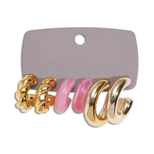 6-piece minimalist gold and pink acrylic earring set displayed on a grey card
