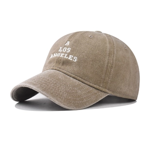 Detail view of washed cotton Los Angeles baseball cap with white letter embroidery