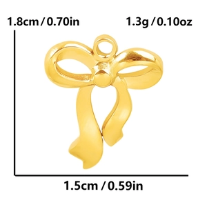 Macro detail of golden stainless steel bow pendant with dimensions and weight specs