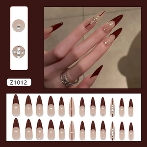 French almond press-on nails in burgundy red with cross rhinestones, 24-piece set