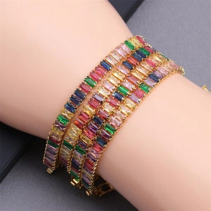 18K gold plated tennis bracelet featuring multi-colored rectangular crystal gemstones