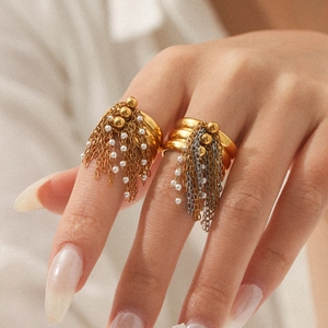 Bague Ouverte À Franges Acier Inoxydable Plqué Or 18K Multi Couches Chaîne Künstliche Perle Ajustable Bijoux Femmes