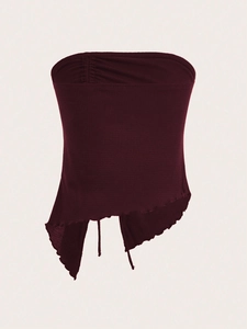 Slim fit burgundy waffle knit tube top with drawstring slit and asymmetrical hemline