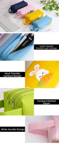Close-up of durable canvas pencil case with dual zippers and cartoon animal prints