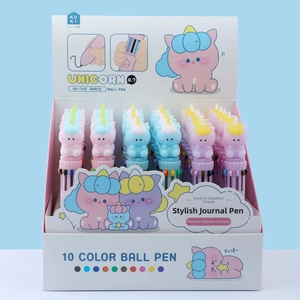 Detailed set of 36 unicorn 10-color retractable ballpoint pens in macaron pastel tones