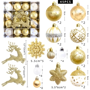 Dettaglio del set di 45 decorazioni natalizie oro e bianco con renne glitterate e fiocchi