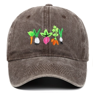 Detailed view of colorful vegetable embroidery on washed cotton vintage baseball cap