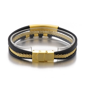 Men's punk style multi-layer braided black leather bracelet with gold metal accents