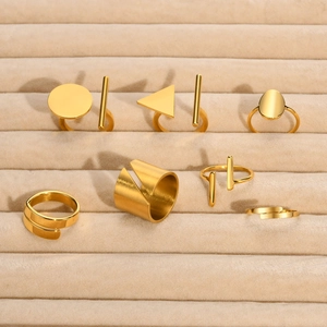 Minimalist gold geometric stainless steel ring set with brushed and polished finishes