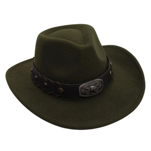 Detail of western wool felt hat with leather band and vintage bull head buckle