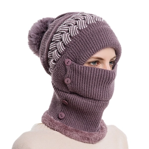 Lila Winter-Strickmütze und Masken-Set mit Pompon und Fleecefutter für Damen