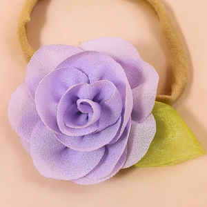 Handmade purple chiffon flower nylon headband with green leaf for baby girls hair accessories