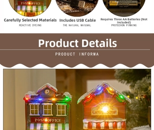 Detailed view of LED Christmas house ornaments with USB or battery power options