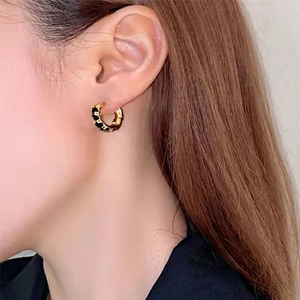 18K gold plated stainless steel hoop earrings with black leather weave texture for women