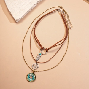 Three-piece bohemian resin hollow leaf and tree of life multilayer necklace set