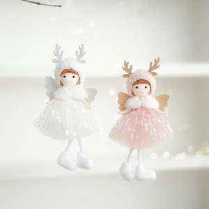 Pink and white plush Christmas angel doll pendants with sequins and cute reindeer antlers