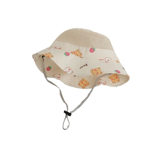 Kids breathable mesh sun hat with cute cartoon bear print and adjustable chin strap