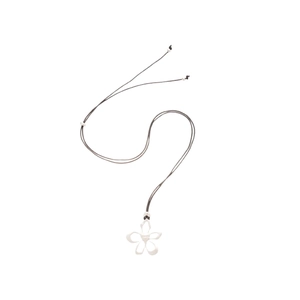 Elegant silver flower pendant necklace with adjustable black cord on white background