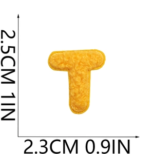 Size chart for yellow chenille letter T embroidery patch showing 2.5cm height