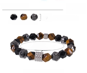 Détails macro des perles en œil de tigre, obsidienne et lave 10mm avec spécifications