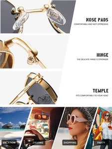 Detail view of gold metal sunglasses hinges and nose pads with various usage scenes