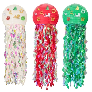 Three Christmas jellyfish paper lanterns with laser tassels in white, red and green colors