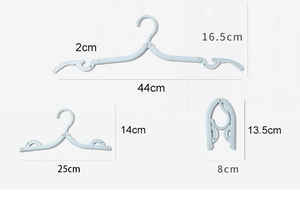 Three-stage adjustable light blue folding travel hanger showing expanded and compact sizes