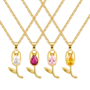 Tulip pendant necklaces with cubic zirconia in four colors for women on white background