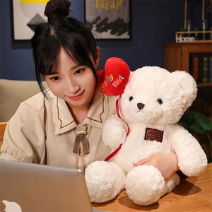 Detailed close-up of a white plush teddy bear holding a red heart with love embroidery