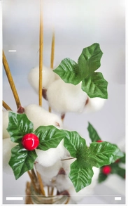 Macro detail of Christmas leaf plugin with red berries, holly leaves and cotton balls