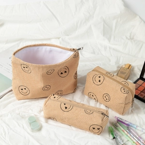 Corduroy 3-piece makeup bag set with heart-eye smiley face embroidery in beige