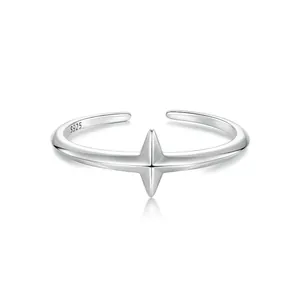 S925 Sterling Silver Minimalist Cross Open Ring Adjustable Three-Dimensional Four-Pointed Star Geometric Ring For Women