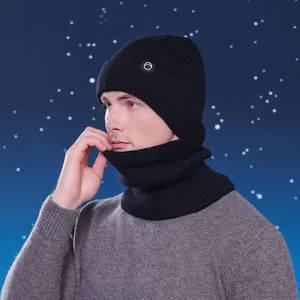 Men's winter set with black ribbed knit beanie and neck warmer with mountain logo patch
